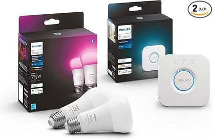 Philips Hue White and Color Ambiance A19 Bluetooth 75W Smart LED Bulb 2-Pack & Bridge Smart Lighting Hub (Compatible with Amazon Alexa, Apple HomeKit and Google Assistant) - White