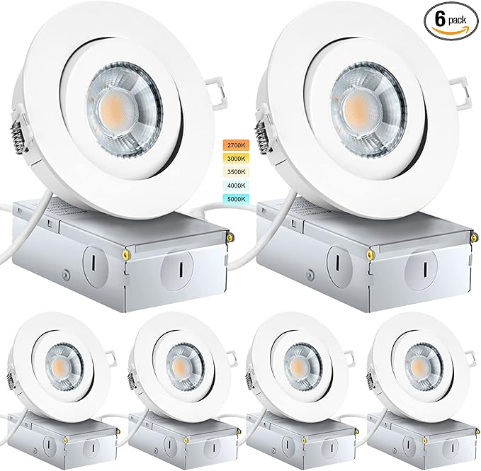 KnLnny Ware Gimbal Recessed Lighting 4 Inch 6 Pack, LED Recessed Light Dimmable with Junction Box,Adjustable Recessed Lighting, Air Tight,ETL Listed,9W 750LM,5 CCT Selectable
