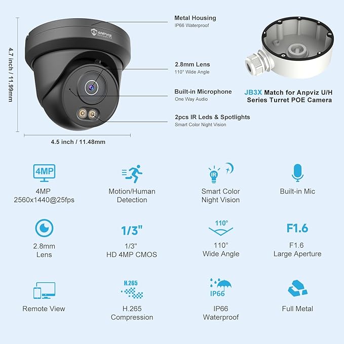 Anpviz 4MP PoE Camera Black, Full Metal Turret Security IP Camera Outdoor Wired, AI Human Motion Detection, Smart Dual Light Color Night Vision, Built-in Mic, 2.8mm Lens, NDAA, IPC-D3B43B-S (U Series)