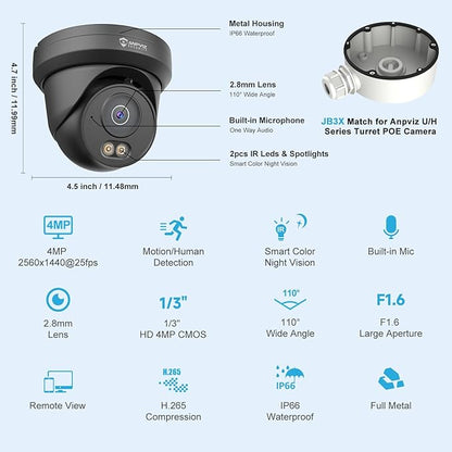 Anpviz 4MP PoE Camera Black, Full Metal Turret Security IP Camera Outdoor Wired, AI Human Motion Detection, Smart Dual Light Color Night Vision, Built-in Mic, 2.8mm Lens, NDAA, IPC-D3B43B-S (U Series)
