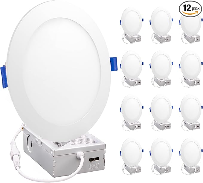 Maxxima 12 Pack 6” 5 CCT Ultra-Thin Recessed LED Downlight, 1050 Lumens, Color Selectable 2700K-5000K (2700K/3000K/3500K/4000K/5000K), Dimmable, Canless, Slim, IC Rated, Junction Box Included