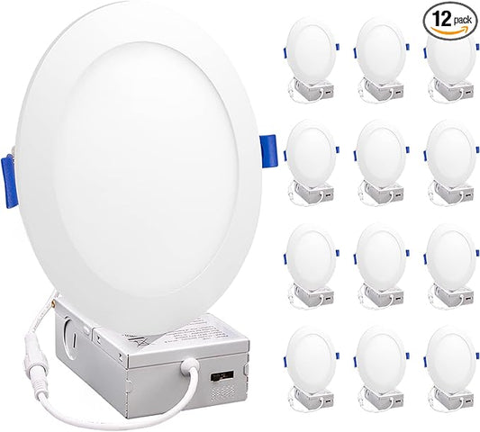 Maxxima 12 Pack 6” 5 CCT Ultra-Thin Recessed LED Downlight, 1050 Lumens, Color Selectable 2700K-5000K (2700K/3000K/3500K/4000K/5000K), Dimmable, Canless, Slim, IC Rated, Junction Box Included