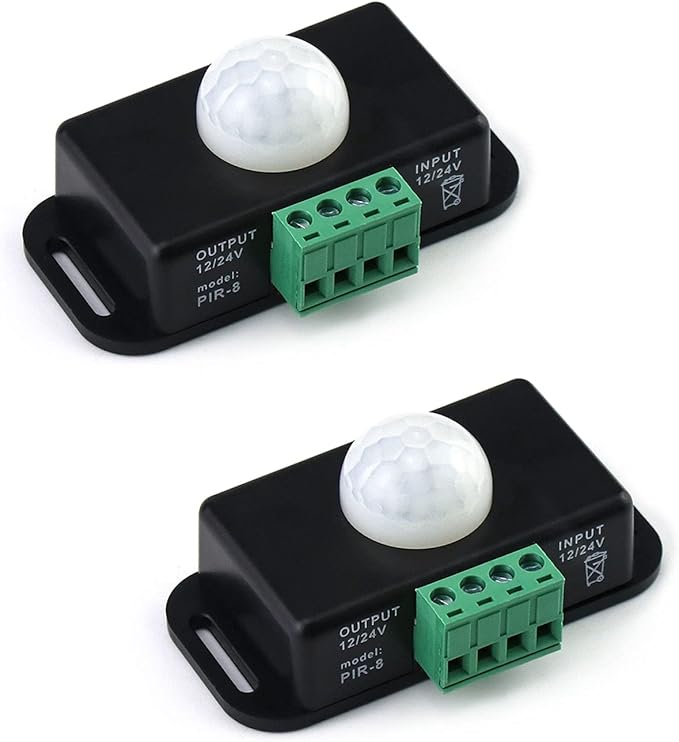 QWORK Motion Sensor LED Switch (2 Pack), 12-24V, 6A, Adjustable Delay Time, 5-8M Induction Distance, 60° Field of View, for LED Strip Lighting, Wall Mount, 3"