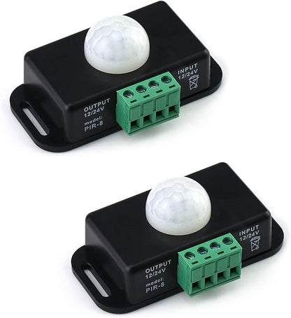 QWORK Motion Sensor LED Switch (2 Pack), 12-24V, 6A, Adjustable Delay Time, 5-8M Induction Distance, 60° Field of View, for LED Strip Lighting, Wall Mount, 3"