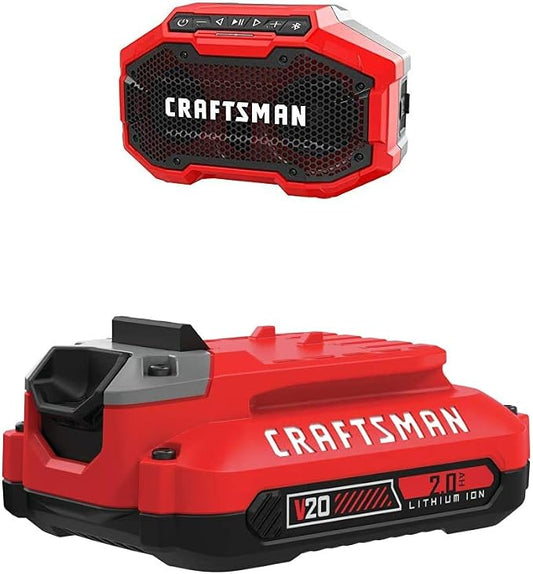 Craftsman V20 Bluetooth Speaker with Lithium Ion Battery, 2.0-Amp Hour, Charger Sold Separately (CMCR001B & CMCB202)