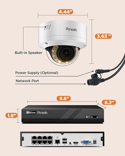 PoE Security Camera System, 5MP 8CH NVR & 2TB HDD, 8X IK10 Vandal Proof Wired 5MP Dome IP Cameras, Person Vehicle Detection, 2 Way Audio, Smart Color Night Vision, Remote Access, PD54Y0808-5M