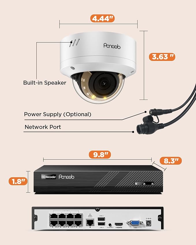 PoE Security Camera System, 5MP 8CH NVR w/ 2TB HDD, Smart Color Night Vision, 2 Way Audio, 4X IK10 Vandal Proof Wired 5MP Dome IP Cameras for Home, Person Vehicle Detection, PD54Y0408-5M
