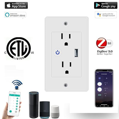 Jinvoo ZigBee Smart Outlet 16A 2 AC Individual switches 1 USB Charger Works with Philips HUE SmartThings Echo Google Assistant hub Required 2 Pack