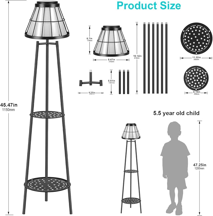 MXwcy 2-Tier Solar Plant Stand with Light, Modern Outdoor Floor Lamp with Classic Grid Lantern, Waterproof Tall Metal Planter Display Rack for Patio, Porch, Balcony, Garden Decor (2 Pack)