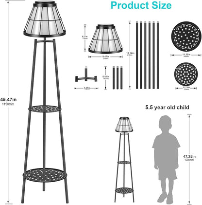MXwcy 2-Tier Solar Plant Stand with Light, Modern Outdoor Floor Lamp with Classic Grid Lantern, Waterproof Tall Metal Planter Display Rack for Patio, Porch, Balcony, Garden Decor (2 Pack)