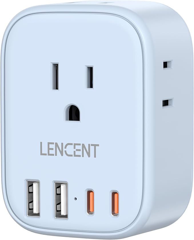 LENCENT Multi Plug Outlet Extender with USB C, Electrical Outlet Expander | with 4 AC & 4 USB Charger Cube, Small Multiple Wall Tap Plug Splitter for Home Office Travel Dorm Essentials - Blue