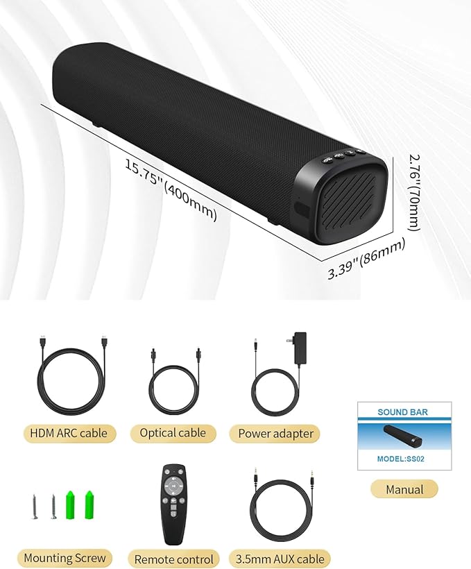 Sound Bar for Smart TV, Sound Bar, Bluetooth Sound bar, with Optical/AUX/HD ARC, Surround Sound Speakers, Surround Sound System for TV/PC/Gaming/Projectors, Wall Mountable PC Soundbar
