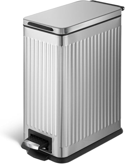 Home Zone Living 4 Gallon Kitchen Trash Can with Soft-Closing Lid and Step Pedal, Stainless Steel with Slim Ribbed Design for Home and Office, Silver, 17 Liters