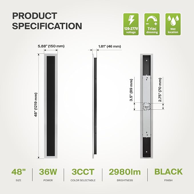 ASD LED 48" Long Wall Mount Light Fixture, Outdoor & Indoor Linear Sconce | 3CCT, Dimmable, Waterproof, Anti-Rust, ETL Listed | 36W 2980LM 3000-5000K 100-277V | Exterior Porch Lighting | Black