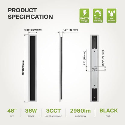 ASD LED 48" Long Wall Mount Light Fixture, Outdoor & Indoor Linear Sconce | 3CCT, Dimmable, Waterproof, Anti-Rust, ETL Listed | 36W 2980LM 3000-5000K 100-277V | Exterior Porch Lighting | Black