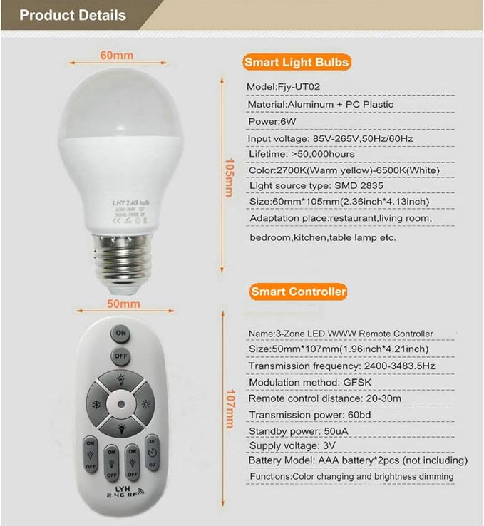 6W E27 Smart LED Light Bulbs Dimmable with 2.4GHz Wireless 3-Zone Remote Control - Adjustable Color Temperature (Warm/Cool) and Brightness 2 Pack (2 Bulb+1 Remote)