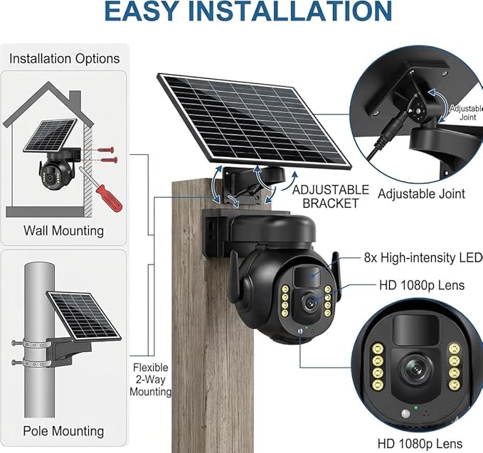 4K 8MP 4G LTE Cellular Security Camera, Outdoor Wireless Camera with Integrated SIM, Night Vision, Two-Way Audio, PIR Motion Detection, IP66 Weatherproof, SD Card Playback.