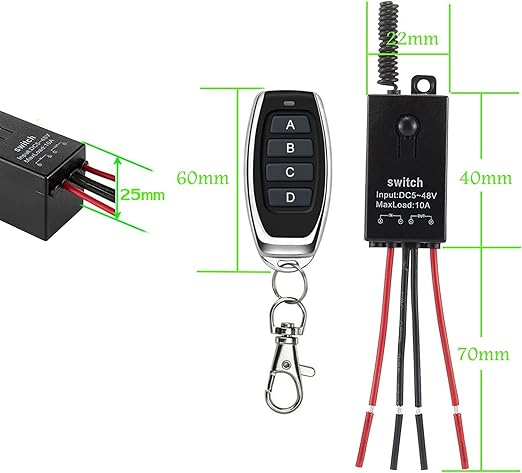 12v Remote Control Switch,4 Way Mini Wireless Switch,DC 12V/24V/48V/10A Relay with 328FT Long Range, Wireless RF Switch for Car,Lamps,LED Lights,Fans(2 Remote Controls,4 Receivers)
