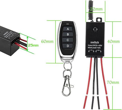 12v Remote Control Switch,4 Way Mini Wireless Switch,DC 12V/24V/48V/10A Relay with 328FT Long Range, Wireless RF Switch for Car,Lamps,LED Lights,Fans(2 Remote Controls,4 Receivers)
