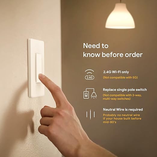 TREATLIFE Apple HomeKit Smart Switches for Lights, Neutral Wire Required, 2.4GHz WiFi Smart Light Switch Compatible with Alexa, Google Home & SmartThings, Single-Pole, No Hub Needed