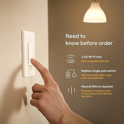 TREATLIFE Apple HomeKit Smart Switches for Lights, Neutral Wire Required, 2.4GHz WiFi Smart Light Switch Compatible with Alexa, Google Home & SmartThings, Single-Pole, No Hub Needed