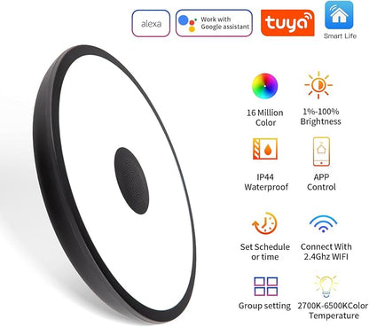 Black Smart Waterproof LED Flush Mount Ceiling Light Fixture,18W,with Bluetooth Speaker,RGB Color Changing Function-Dimmable Lamp,Tuya Application Control-Compatible with Alexa Google Home
