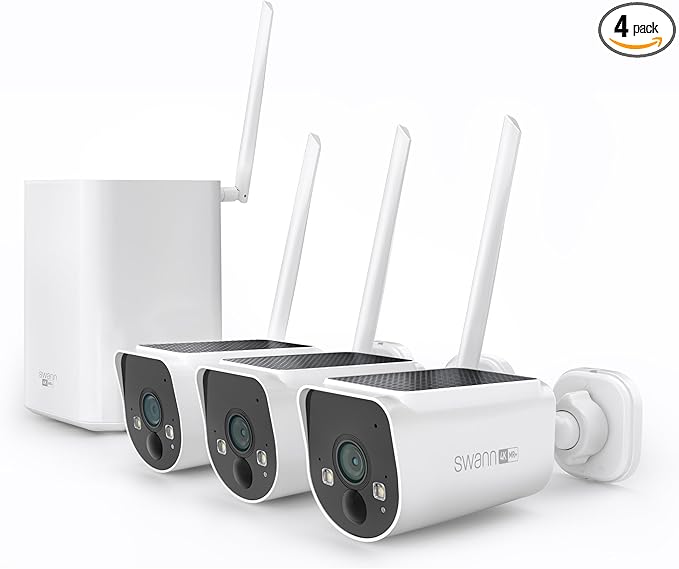 Swann MaxRanger4K Solar Wireless Security Camera System, 4K Ultra HD Outdoor Cameras, Long-Range Wi-Fi up to 2000ft, Color Night Vision, No Monthly Fees, 3-Cam Kit，MAXV2SD3