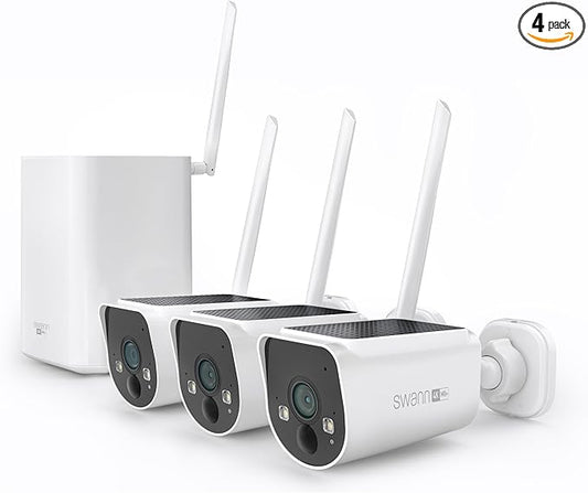 Swann MaxRanger4K Solar Wireless Security Camera System, 4K Ultra HD Outdoor Cameras, Long-Range Wi-Fi up to 2000ft, Color Night Vision, No Monthly Fees, 3-Cam Kit，MAXV2SD3