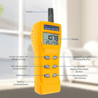 CO2 Meter Portable CO2 Detector Digital CO2 Monitor with Alarm Function Carbon Dioxide Temperature and Humidity Meter, NDIR CO2 Sensor Indoor Air Quality Monitor for Home Office Grow Room