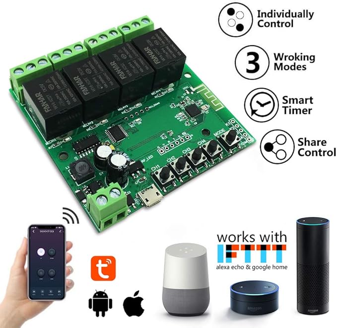 4-Channel WiFi Smart Switch Relay Module, TUYA/Smart Life App for Smart Home Remote Control, Momentary Time Adjustable, Compatible with Alexa/Google Assistant