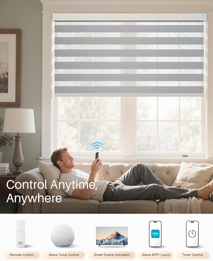 Smart Zebra Blinds for Windows, Alexa Motorized Blinds with Remote Control, Automatic Electric Power Zebra Shades for Indoor Windows (29" W x 72" H, Gray Fabric & White Shell)