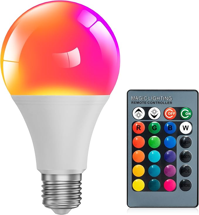 Color Changing Light Bulb with Remote,15W A21 E27 Warm White 2700k 800LM Dimmable LED Light Bulb,Memory Function,16 Color Multicolor RGB Flood Light for Bedroom Indoor Party(1Pack)