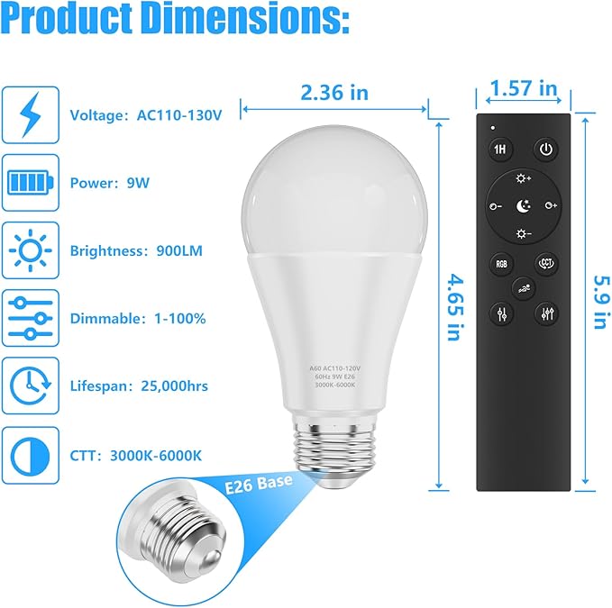 A19 LED Light Bulbs with Remote Control, 800LM 9W (60W Equivalent) Bulbs,Stepless Dimmable 3000K-6000K,E26 Base,CRI 80+,2.4GHz,25000+ Hours Lifespan,Light Bulb for Home Decor,4Bulb & 2Remote