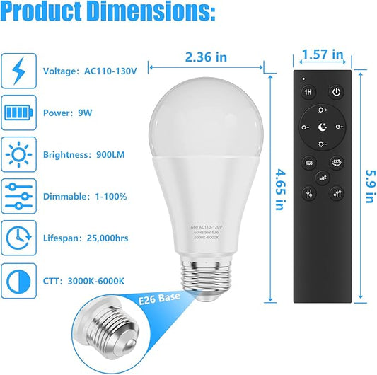 A19 LED Light Bulbs with Remote Control, 800LM 9W (60W Equivalent) Bulbs,Stepless Dimmable 3000K-6000K,E26 Base,CRI 80+,2.4GHz,25000+ Hours Lifespan,Light Bulb for Home Decor,4Bulb & 2Remote