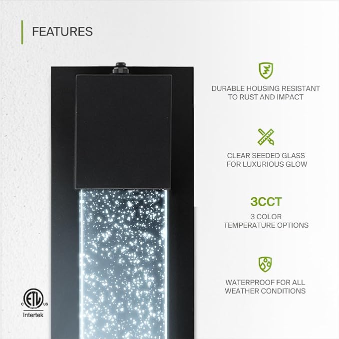 ASD LED 18" Bubble Glass Wall Light Fixture, Outdoor Dusk to Dawn Sconce | 3CCT, Waterproof, Photocell, ETL Listed | 12W 500LM 3000-5000K 120V | Exterior Lantern, Porch Lighting | Black, 2 Pack