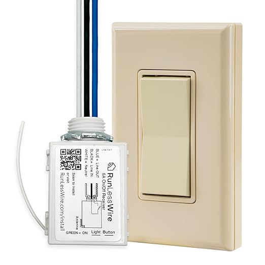 RunLessWire Single Pole Battery-Free DIY Wireless Light Switch Kit 150ft RF Range Self-Powered by Kinetic Energy for Fixtures & Outlets : 1 Remote Switch Controls 1 5A On/Off Receiver Light Almond