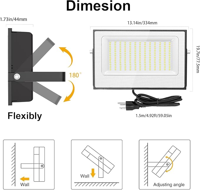 Onforu 200W Flood Lights Outdoor,19000lm Bright LED Work Light with Plug,Daylight White LED Flood Lighting,IP66 Waterproof Security Yard Lights for Yard Garage Stadium 2 Pack