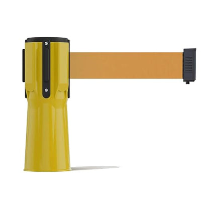 Trafford Industrial 11 Ft Cone-Mounted Retractable Belt Barrier, Yellow | Brown Belt with 2-inch Herringbone Webbing, ABS Case, 4-way Receiver and Controlled Retraction.