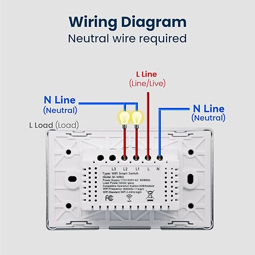 Smart Switch Aluminum Frame,2.5D Glass Panel,4.65 X 2.83 X 1.26 Inches,Need Neutral Wire,2.4GHz WiFi,Work with Tuya/Smart Life,App/Voice Control,White 2 Button