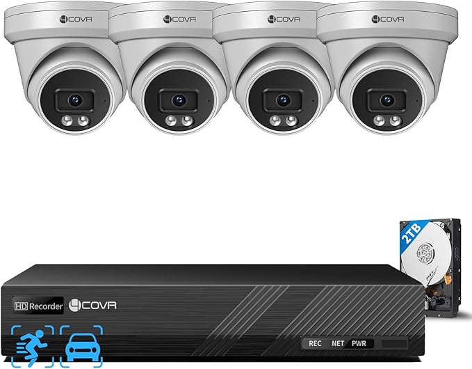 4COVR 4K PoE Security Camera System, Human Vehicle Detection, 4Pcs 8MP 2.8mm 110° Wide Angle Dome IP Camera with Mic, 8CH 8MP H.265 NVR with 2TB HDD, IP67 Home Weatherproof Outdoor, LY97SA8M0804
