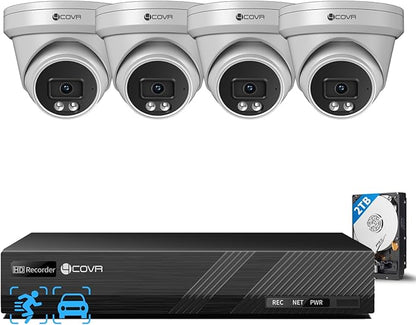 4COVR 4K PoE Security Camera System, Human Vehicle Detection, 4Pcs 8MP 2.8mm 110° Wide Angle Dome IP Camera with Mic, 8CH 8MP H.265 NVR with 2TB HDD, IP67 Home Weatherproof Outdoor, LY97SA8M0804