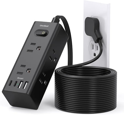 15Ft Extension Cord with Multiple Outlets, Flat Plug Power Strip Surge Protector with 15 Ft Long Cord, 6 Outlet 4 USB Ports (2 USB C), Multi Outlet Wall Plug for College, Dorm Room Essentials(Black)