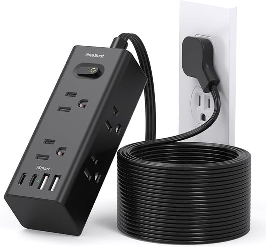 15Ft Extension Cord with Multiple Outlets, Flat Plug Power Strip Surge Protector with 15 Ft Long Cord, 6 Outlet 4 USB Ports (2 USB C), Multi Outlet Wall Plug for College, Dorm Room Essentials(Black)
