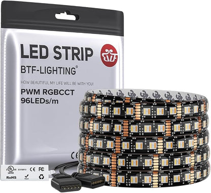 BTF-LIGHTING RGBCCT LED Strip UL Listed 16.4ft 96LED/m 300LED DC12V IP65 | Black LED Tape 12mm wide 5 Colors in 1 RGB+Dimmable Tunable Color Temperature 2700K-6500K for Decor(No Adapter or Controller)