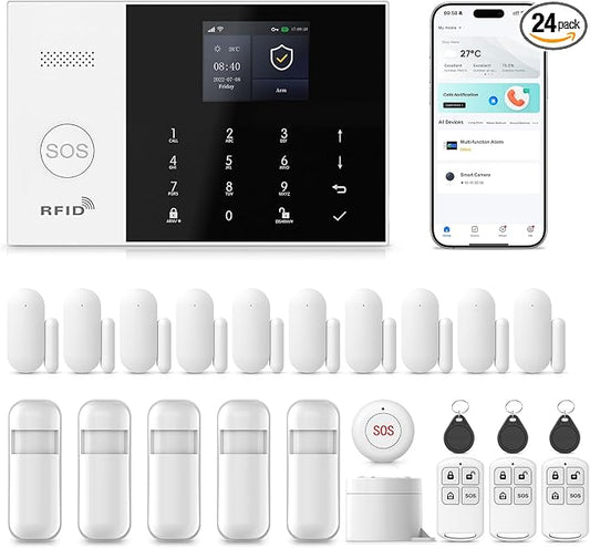 PGST Alarm System for Home Security,24Pcs WiFi/4G Apartment Alarm System | NO Monthly Fees,No Pairing Required + Quick Installation,Instant App Alerts,Work with Alexa,SOS Button Window/Motion Sensors