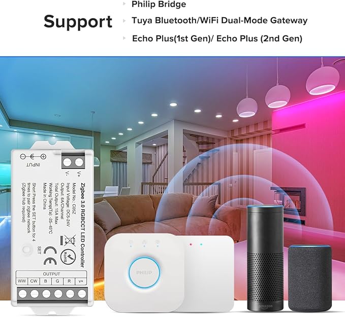 BTF-LIGHTING Tuya Zigbee 3.0 C05Z LED Controller Support RGBCCT 6 pin (+V R G B CW WW) PWM FCOB COB SMD Light Strip Compatible with Echo Plus/4th Gen Philip Gateway DC5V/DC12V/DC24V Max 15A