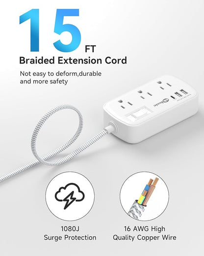 Extension Cord 15 ft - Surge Protector Power Strip Flat Plug with 6 Widely Outlets 3 USB (5V/3.4A 17W) Charging Ports, Multi Plug Wall Outlet Splitter for Home Bedroom Hotel Office Desktop Accessories