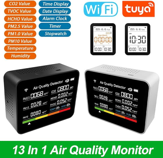 Air Quality Monitor Indoor, 13-in-1 with WiFi Air Quality Tester for CO2 TVOC HCHO PM2.5 PM1.0 PM10 Temperature Humidity More, LED Display Home Air Quality Tester Analyzer (Black)