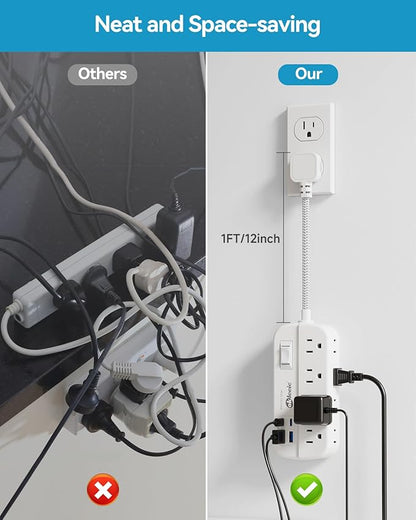 Short Extension Cord 1 ft - Flat Plug Power Strip Surge Protetor with 8 Outlets 4 USB (5V/3.4A 17W) Charging Ports, Multi Plug Wall Outlet Splitter for Home Bedroom Hotel Office Desktop Accessories