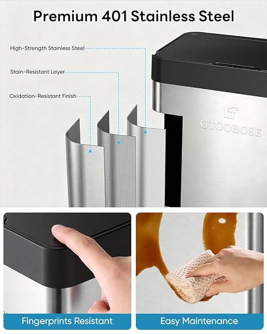 13 Gallon / 50L Touchless Automatic Trash Can, Slim Motion Sensor Kitchen Garbage Can, Stainless Steel, Soft Close Lid, Fingerprint Resistant, Hands-Free, Odor Control, Silver
